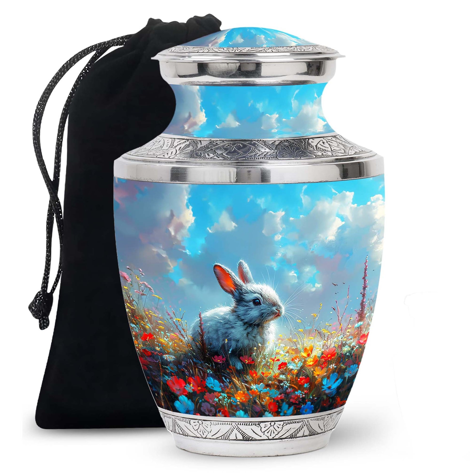 Colorful Flower Urn with White Bunny - Beautiful Pet Memorial Urn for Ashes