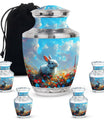 Colorful Flower Urn with White Bunny - Beautiful Pet Memorial Urn for Ashes
