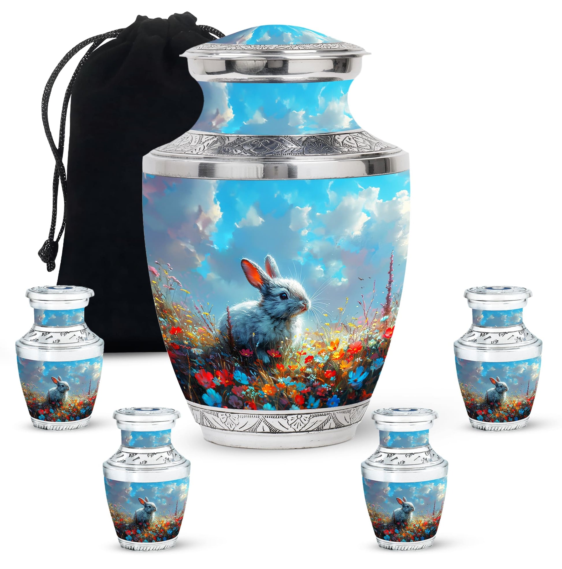 Colorful Flower Urn with White Bunny - Beautiful Pet Memorial Urn for Ashes