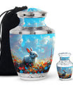 Colorful Flower Urn with White Bunny - Beautiful Pet Memorial Urn for Ashes