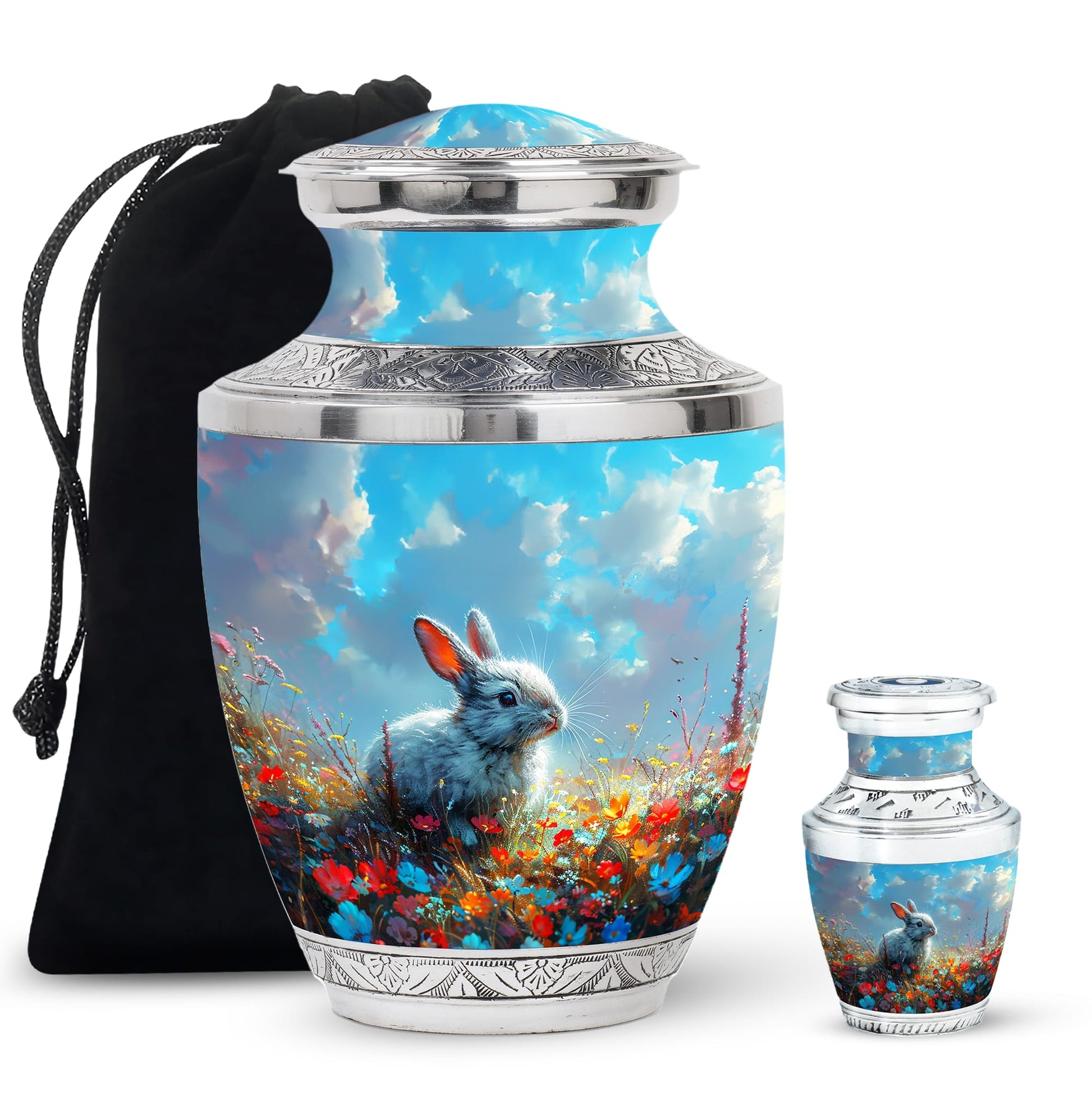 Colorful Flower Urn with White Bunny - Beautiful Pet Memorial Urn for Ashes
