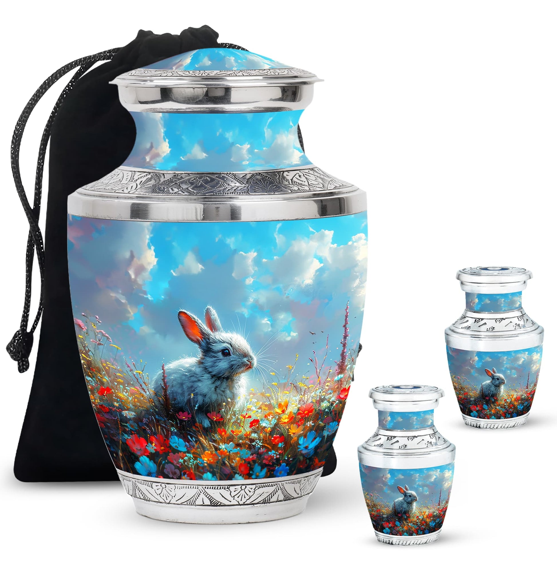 Colorful Flower Urn with White Bunny - Beautiful Pet Memorial Urn for Ashes