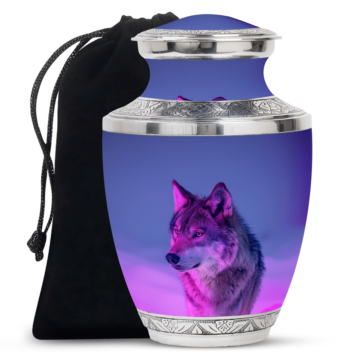 Purple Personalized Wolf Cremation Urn for Human Ashes - 10-inch, 200 cu in - Yatskia