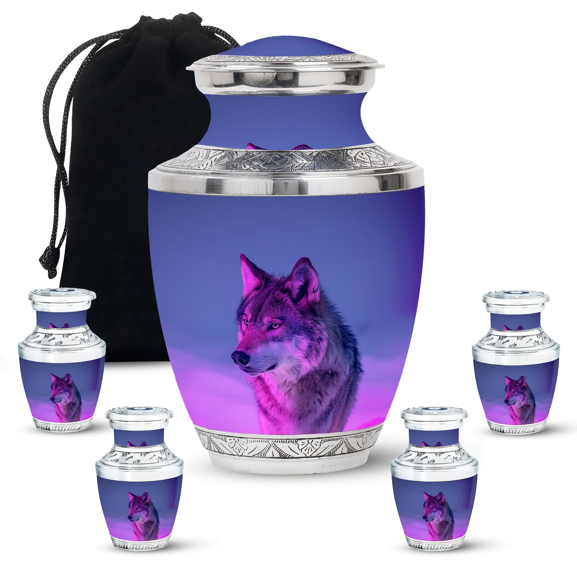 Wolf Cremation Urn for Ashes - Purple Wolf Design Memorial Urn