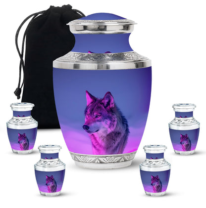 Purple Personalized Wolf Cremation Urn for Human Ashes - 10-inch, 200 cu in - Yatskia