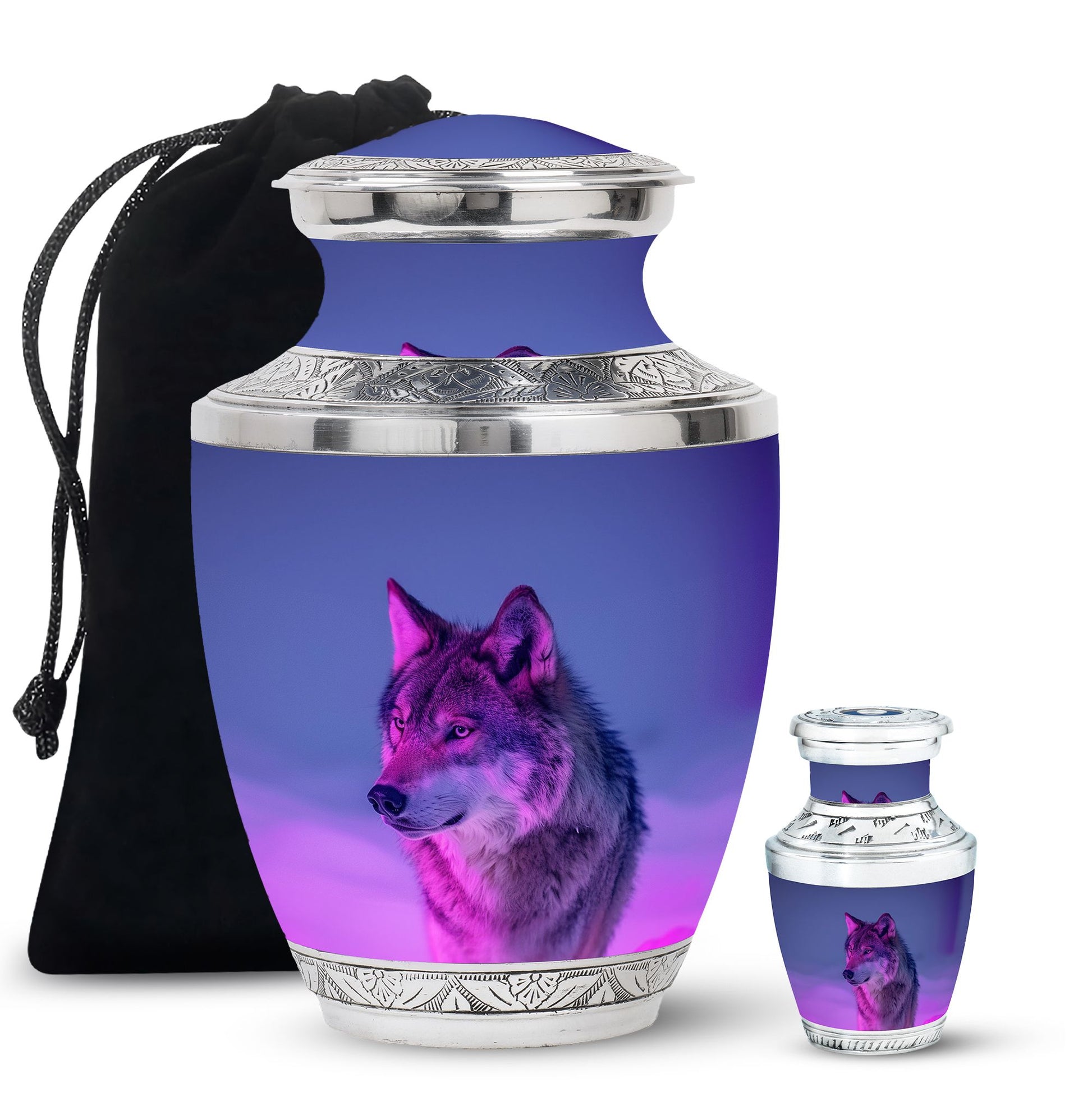 Wolf Cremation Urn for Ashes - Purple Wolf Design Memorial Urn