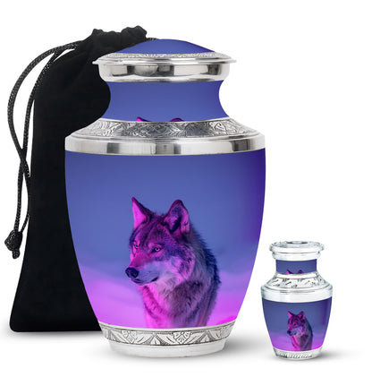 Purple Personalized Wolf Cremation Urn for Human Ashes - 10-inch, 200 cu in - Yatskia