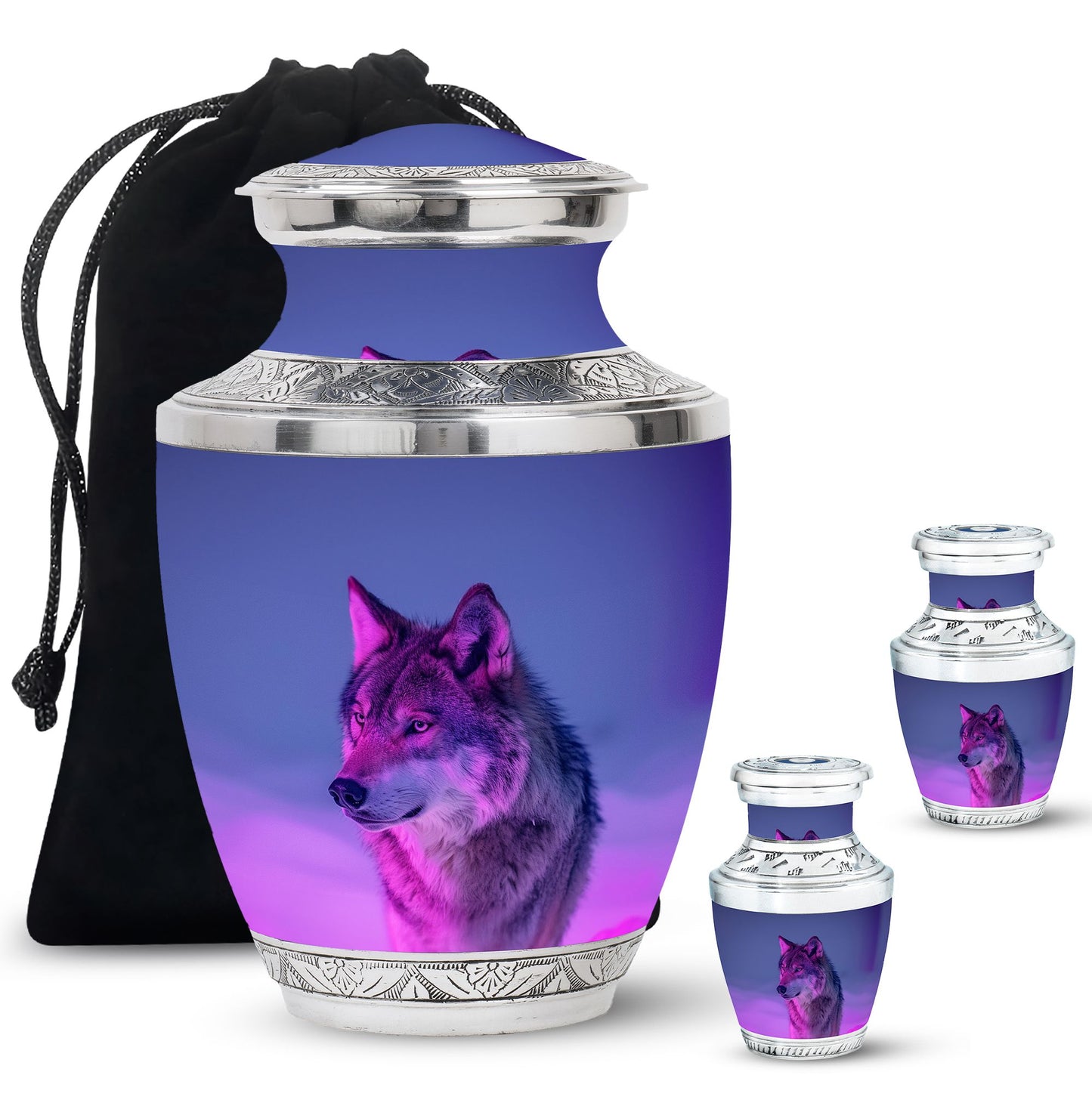 Purple Personalized Wolf Cremation Urn for Human Ashes - 10-inch, 200 cu in - Yatskia