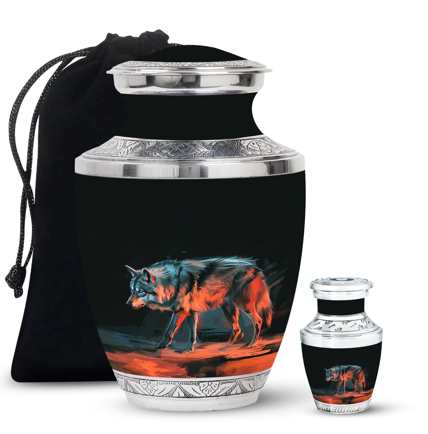 Black Personalized Wolf Cremation Urn for Human Ashes - 10-inch, 200 cu in - Yatskia