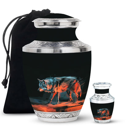 Black Personalized Wolf Cremation Urn for Human Ashes - 10-inch, 200 cu in - Yatskia