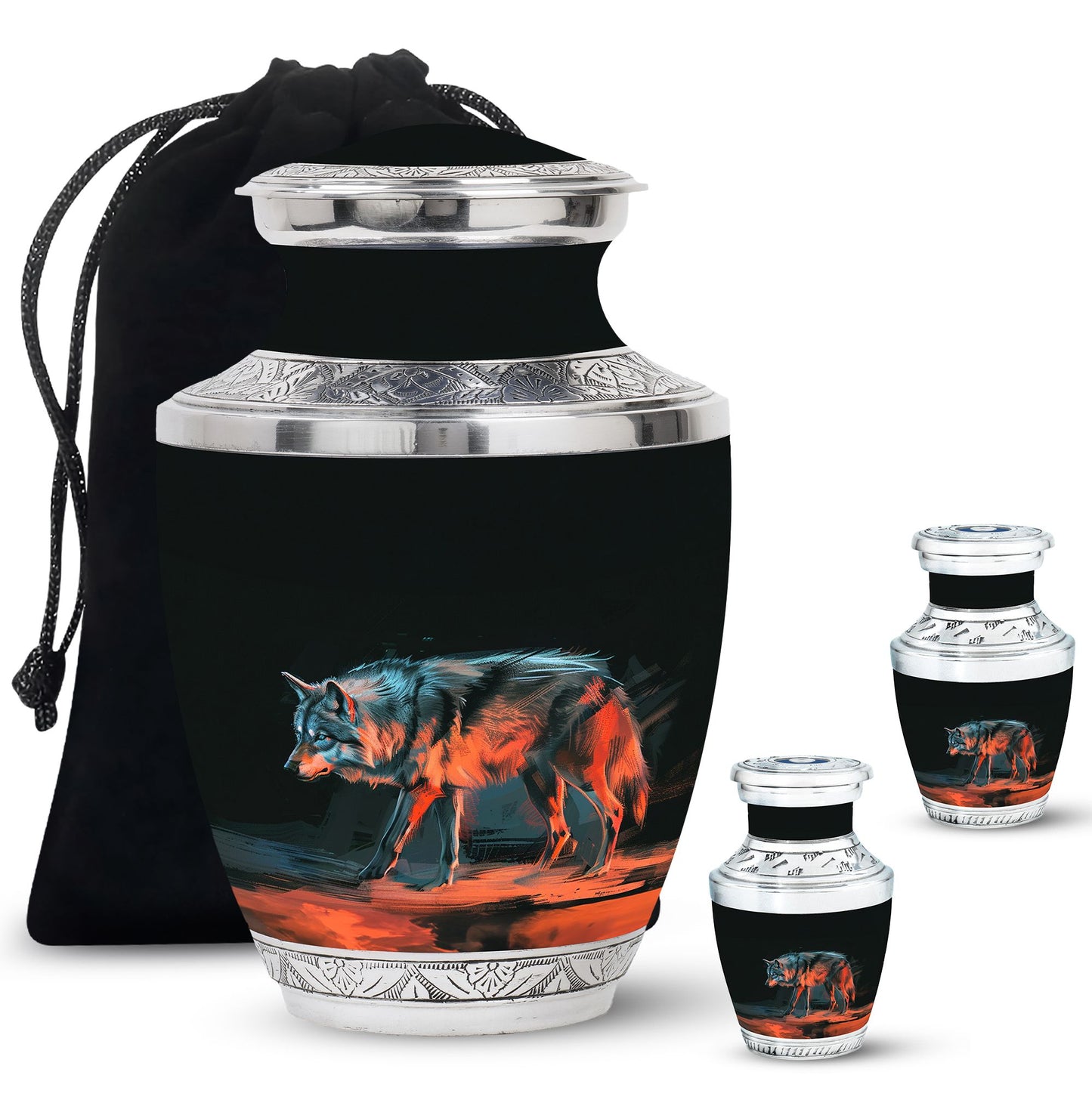 Black Personalized Wolf Cremation Urn for Human Ashes - 10-inch, 200 cu in - Yatskia