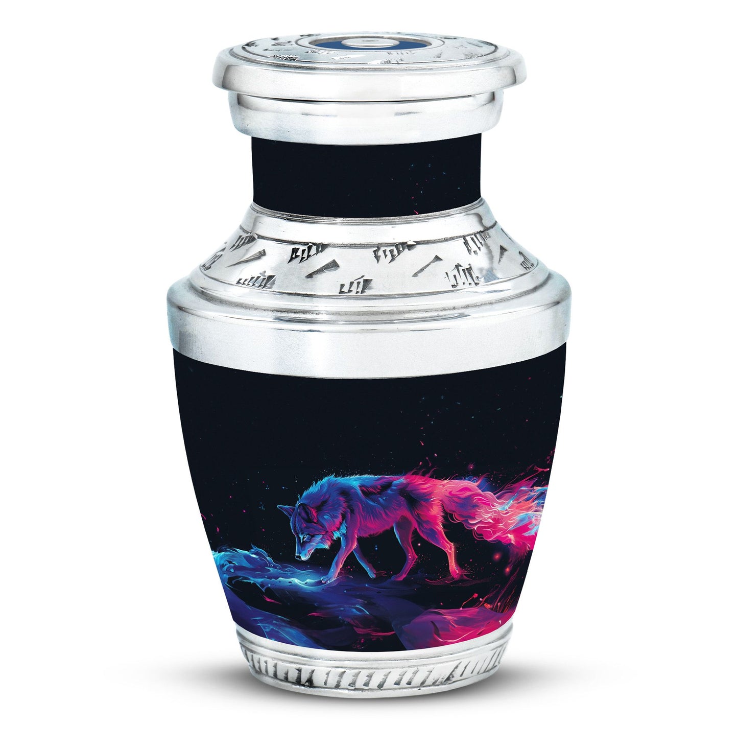Wolf Urn for Human Ashes, Neon Pink Blue Prowling on Rocks, Cremation Urn