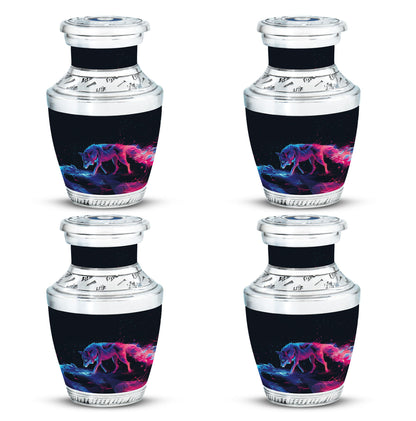 Wolf Urn for Human Ashes, Neon Pink Blue Prowling on Rocks, Cremation Urn