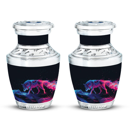 Wolf Urn for Human Ashes, Neon Pink Blue Prowling on Rocks, Cremation Urn