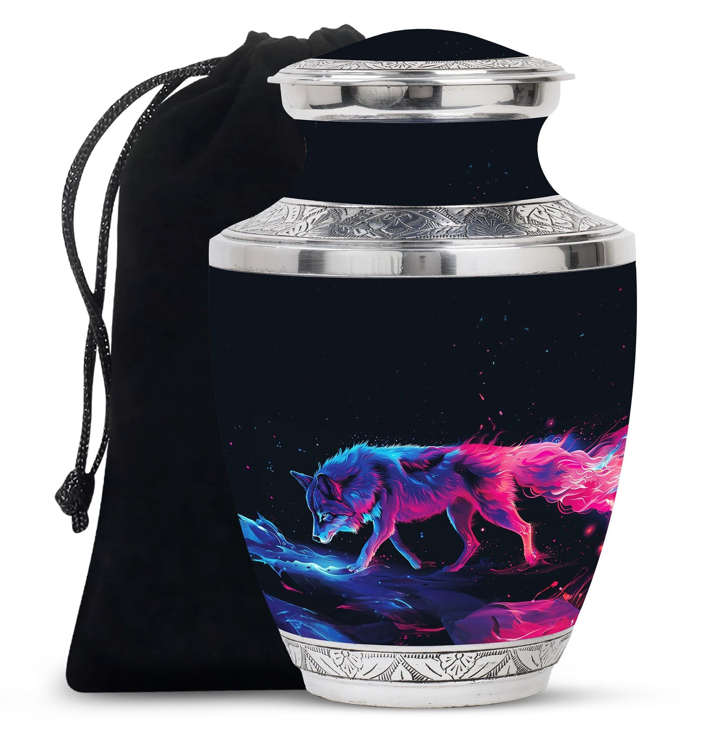 Wolf Urn for Human Ashes, Neon Pink Blue Prowling on Rocks, Cremation Urn