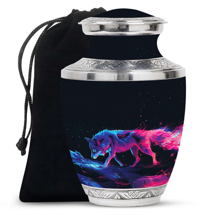 Wolf Urn for Human Ashes, Neon Pink Blue Prowling on Rocks, Cremation Urn