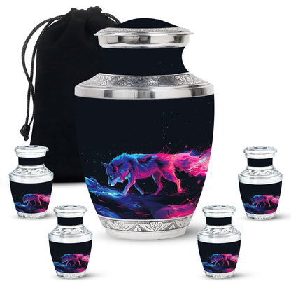 Wolf Urn for Human Ashes, Neon Pink Blue Prowling on Rocks, Cremation Urn