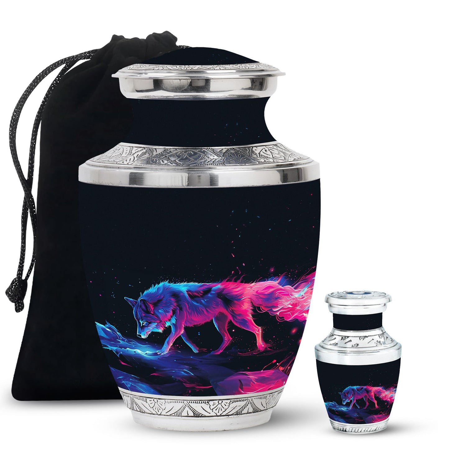 Wolf Urn for Human Ashes, Neon Pink Blue Prowling on Rocks, Cremation Urn