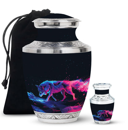 Wolf Urn for Human Ashes, Neon Pink Blue Prowling on Rocks, Cremation Urn