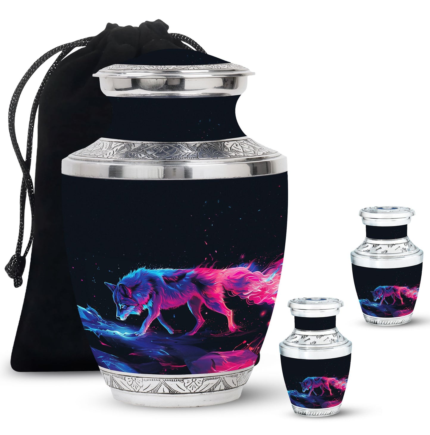 Wolf Urn for Human Ashes, Neon Pink Blue Prowling on Rocks, Cremation Urn