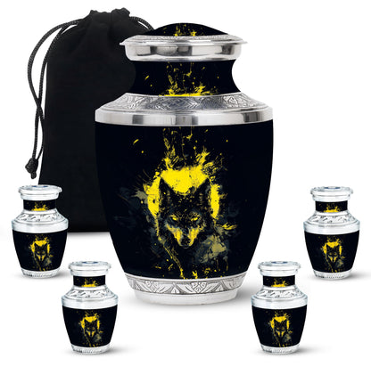 Black Personalized Wolf Cremation Urn for Human Ashes - 10-inch, 200 cu in - Yatskia