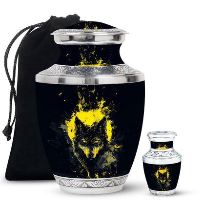 Black Personalized Wolf Cremation Urn for Human Ashes - 10-inch, 200 cu in - Yatskia