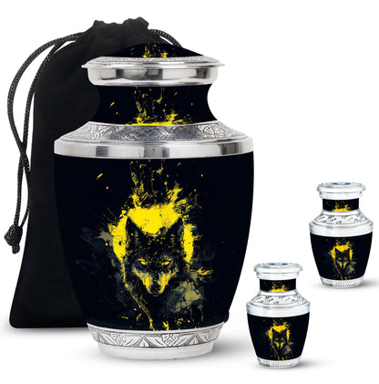 Black Personalized Wolf Cremation Urn for Human Ashes - 10-inch, 200 cu in - Yatskia