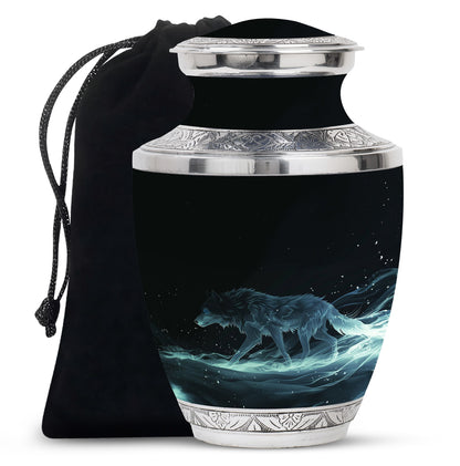 Blue Personalized Wolf Cremation Urn for Adults - 10-inch, 200 cu in - Yatskia