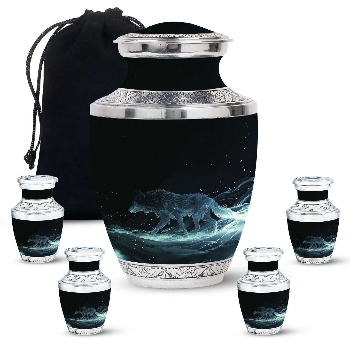 Blue Personalized Wolf Cremation Urn for Adults - 10-inch, 200 cu in - Yatskia