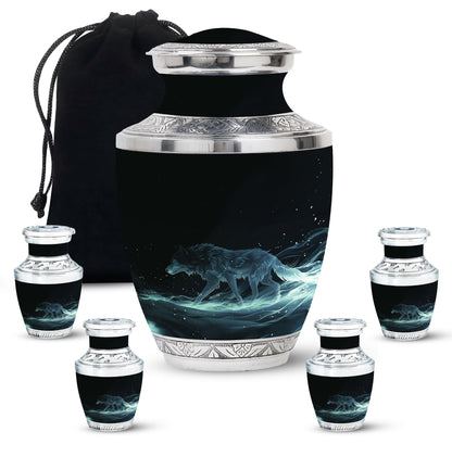 Blue Personalized Wolf Cremation Urn for Adults - 10-inch, 200 cu in - Yatskia