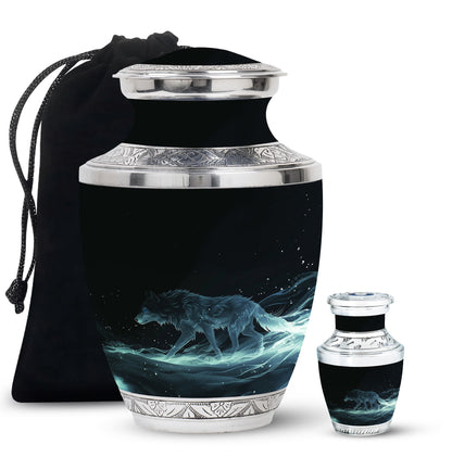 Blue Personalized Wolf Cremation Urn for Adults - 10-inch, 200 cu in - Yatskia