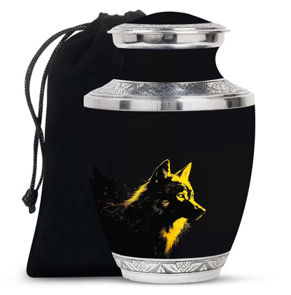 Black Personalized Wolf Cremation Urn for Adult - 10-inch, 200 cu in - Yatskia