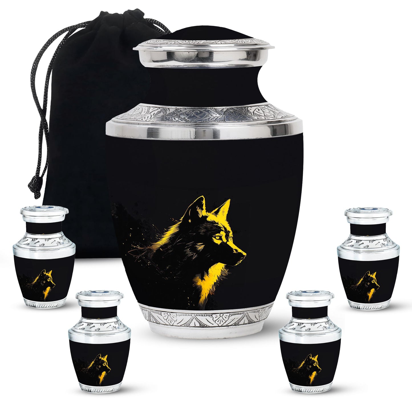 Black Personalized Wolf Cremation Urn for Adult - 10-inch, 200 cu in - Yatskia