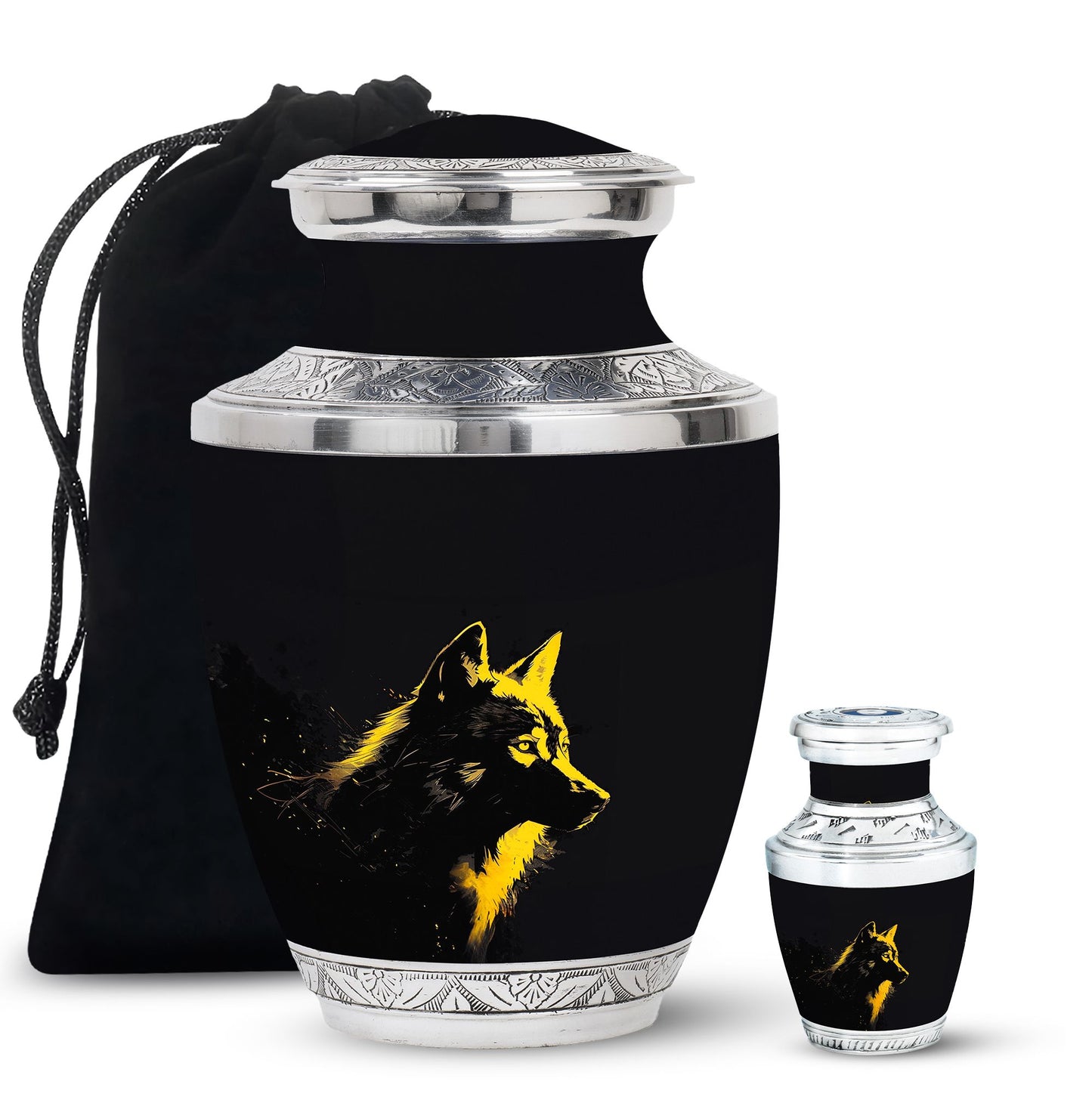 Black Personalized Wolf Cremation Urn for Adult - 10-inch, 200 cu in - Yatskia