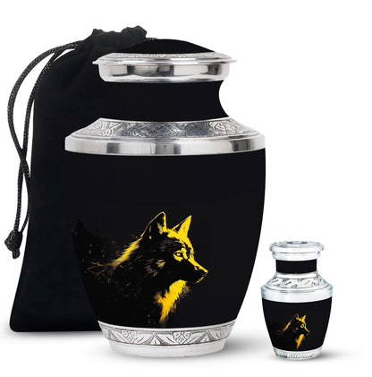 Black Personalized Wolf Cremation Urn for Adult - 10-inch, 200 cu in - Yatskia