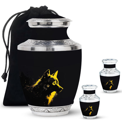 Black Personalized Wolf Cremation Urn for Adult - 10-inch, 200 cu in - Yatskia