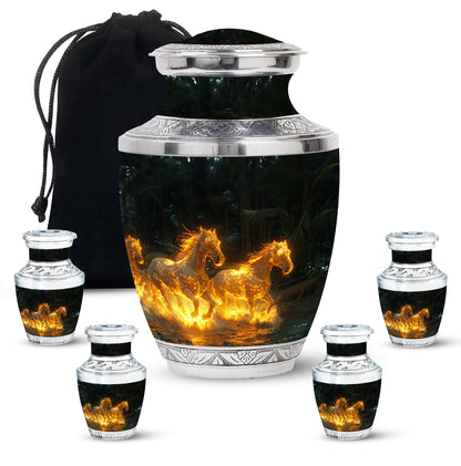 Horse Urn for Human Ashes, Glowing Fiery Horses Running Through Water, Cremation Urn