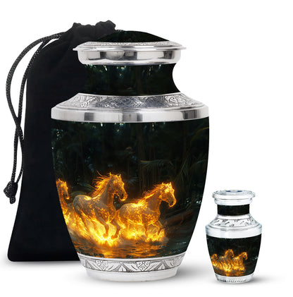Horse Urn for Human Ashes, Glowing Fiery Horses Running Through Water, Cremation Urn