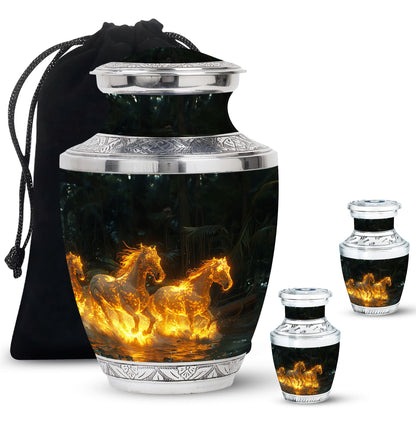 Horse Urn for Human Ashes, Glowing Fiery Horses Running Through Water, Cremation Urn
