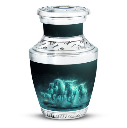 Horse Urn for Human Ashes, Herd of Teal Horses Running Through Mist, Memorial Urn