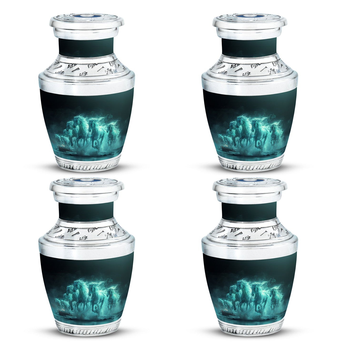 Horse Urn for Human Ashes, Herd of Teal Horses Running Through Mist, Memorial Urn