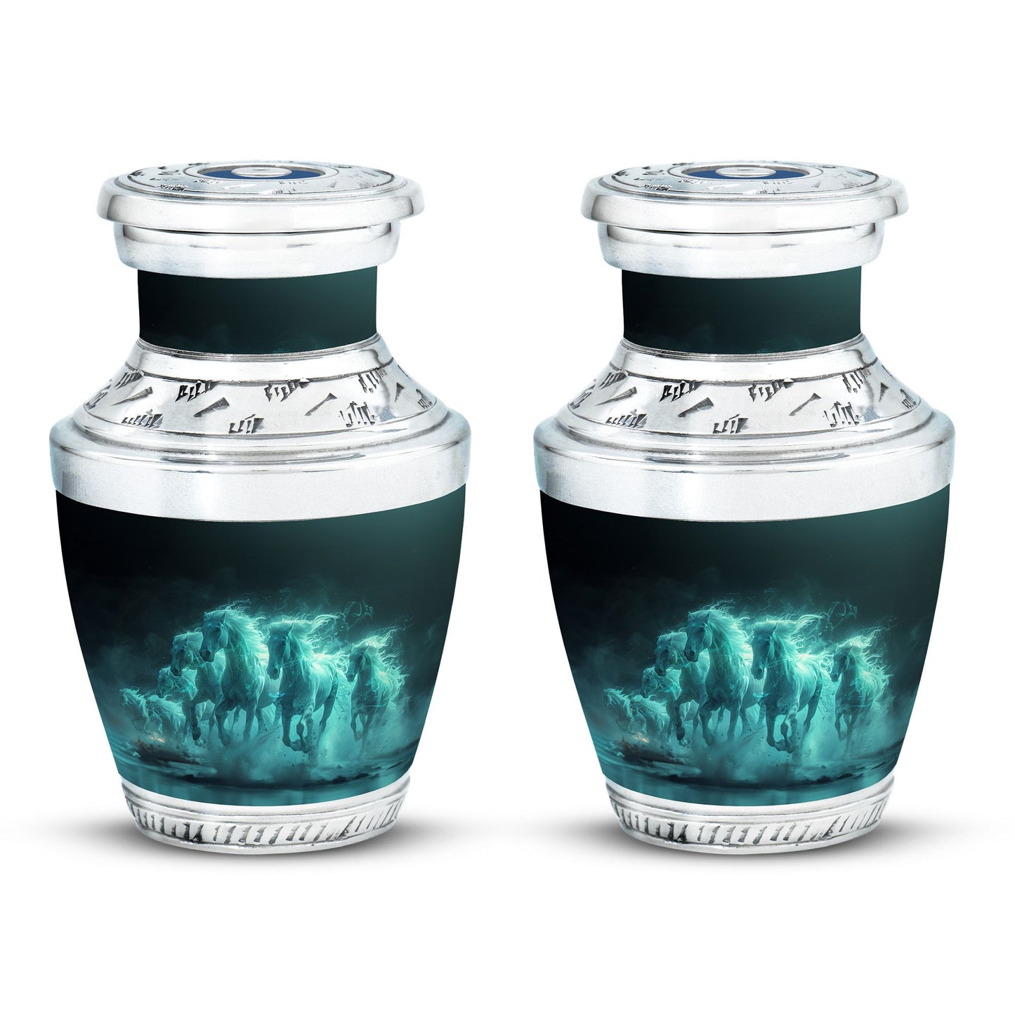 Horse Urn for Human Ashes, Herd of Teal Horses Running Through Mist, Memorial Urn