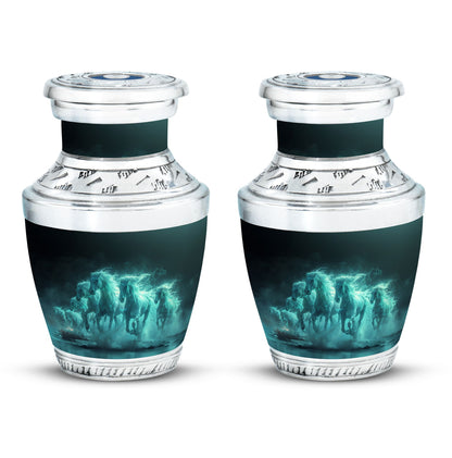 Horse Urn for Human Ashes, Herd of Teal Horses Running Through Mist, Memorial Urn