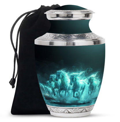 Horse Urn for Human Ashes, Herd of Teal Horses Running Through Mist, Memorial Urn