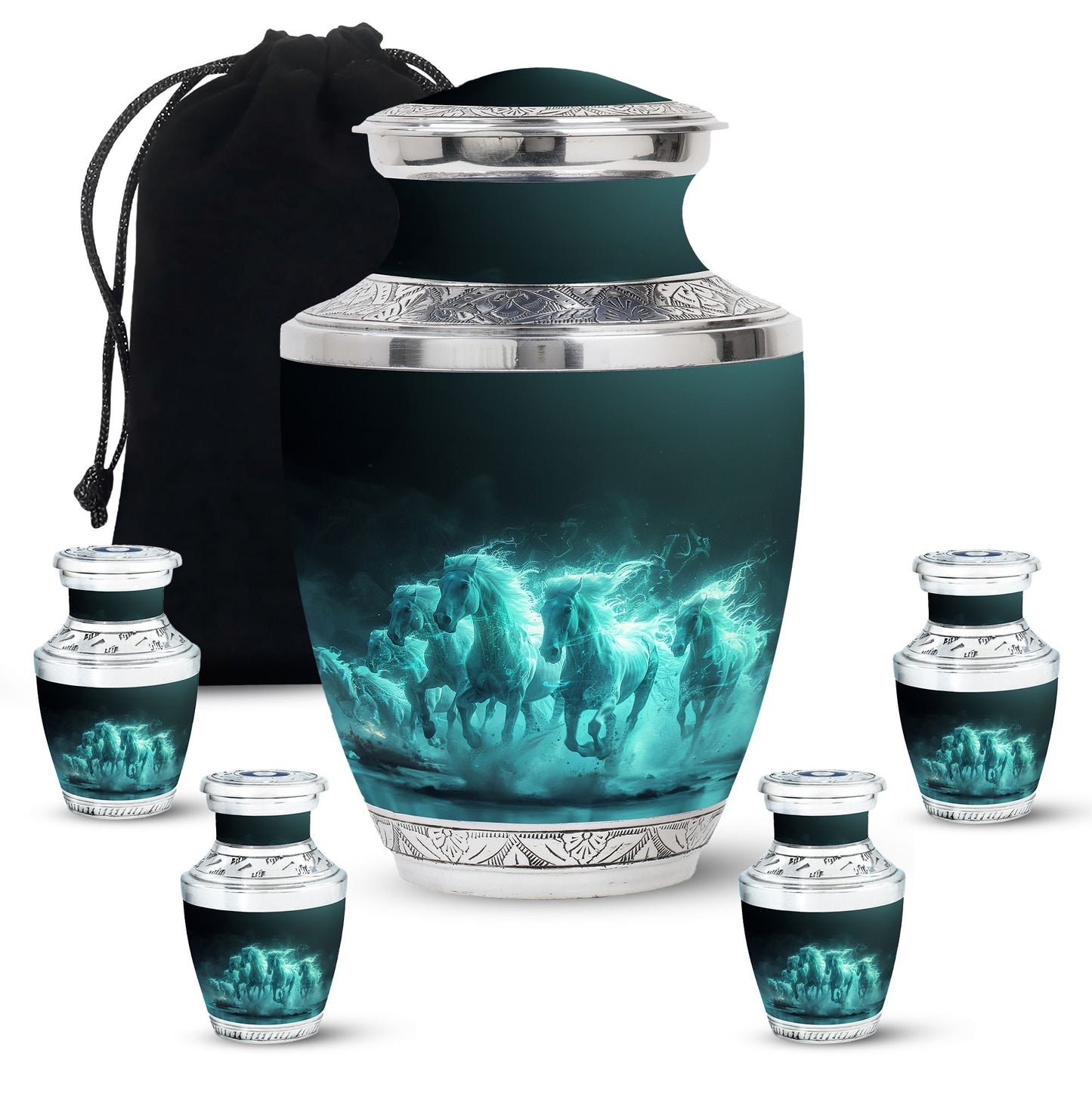 Horse Urn for Human Ashes, Herd of Teal Horses Running Through Mist, Memorial Urn