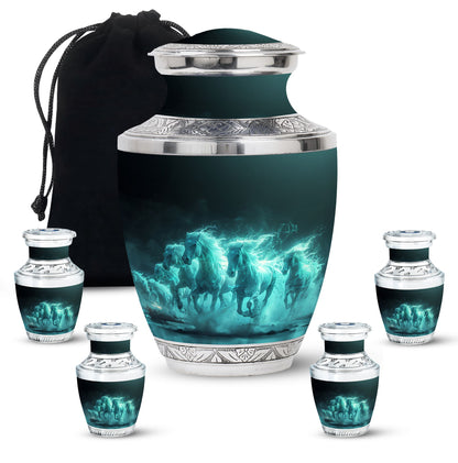 Horse Urn for Human Ashes, Herd of Teal Horses Running Through Mist, Memorial Urn