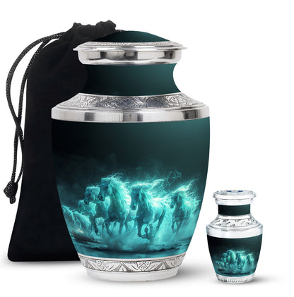 Horse Urn for Human Ashes, Herd of Teal Horses Running Through Mist, Memorial Urn
