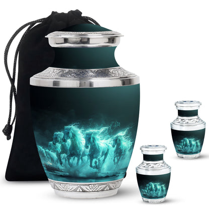 Horse Urn for Human Ashes, Herd of Teal Horses Running Through Mist, Memorial Urn