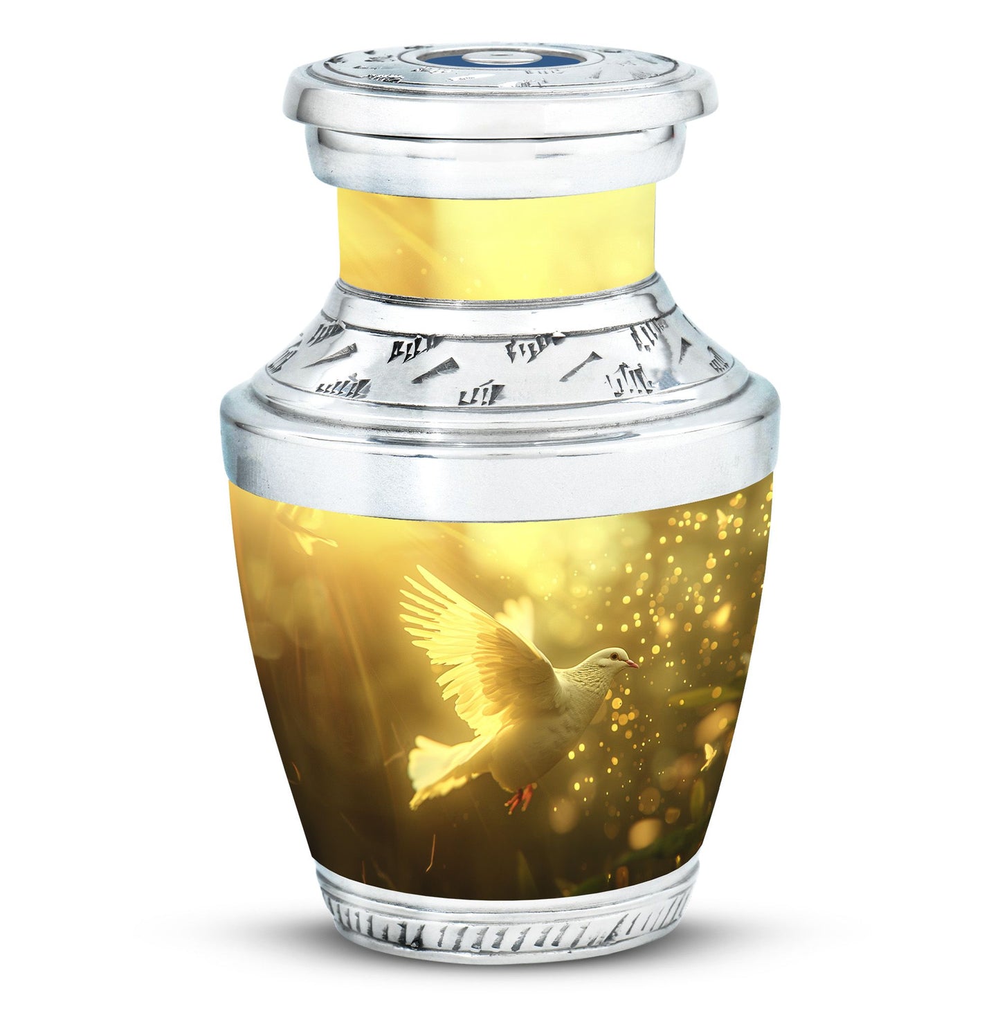 Bird Urn for Human Ashes, White Dove Through Golden Sparkling Light, Memorial Urn