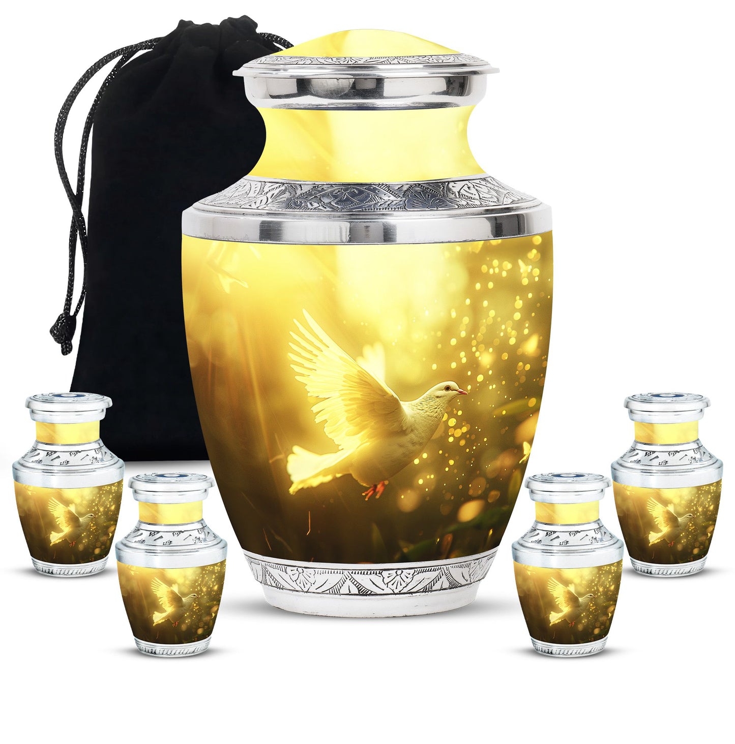 Bird Urn for Human Ashes, White Dove Through Golden Sparkling Light, Memorial Urn